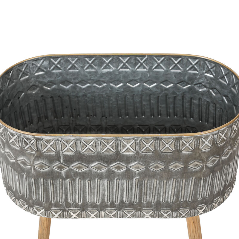 LuxenHome Set of 2 Aztec Gray Metal Cachepot Planters with Wood Legs