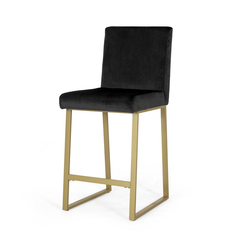 Counter Stool Chair Set of 2, Gold Sled Metal Base, Black Velvet - Benzara