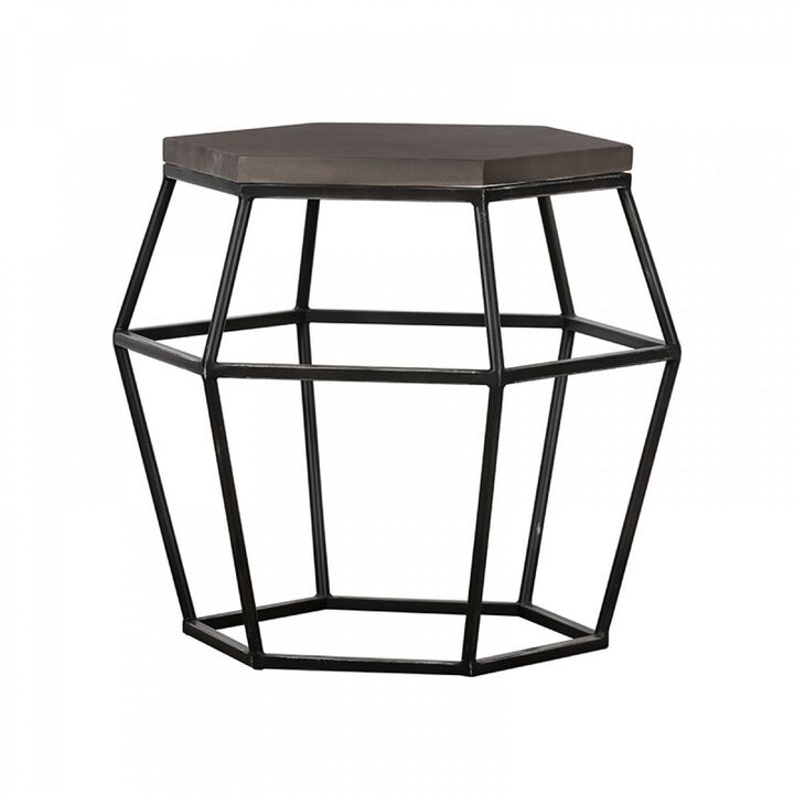 Hexagonal Concrete End Table with Metal Base, Gray and Black-Benzara