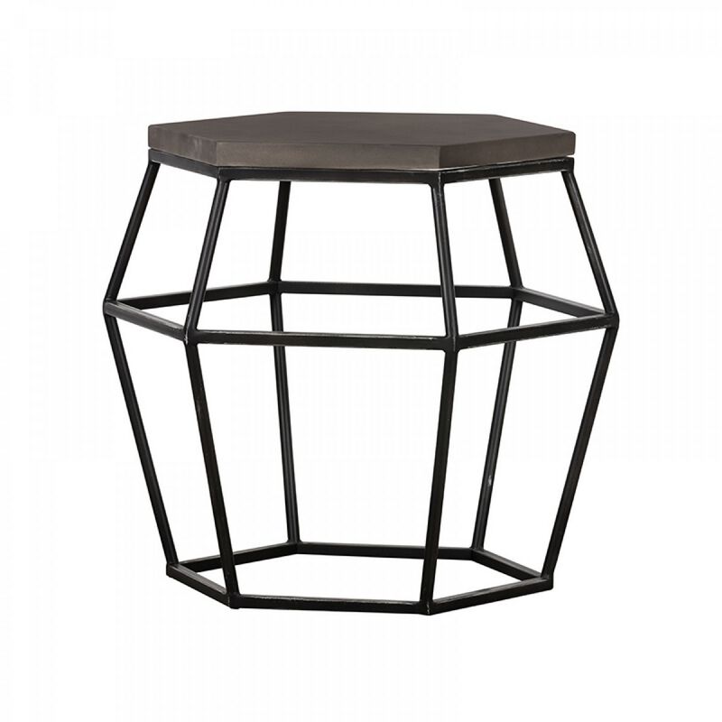 Hexagonal Concrete End Table with Metal Base, Gray and Black-Benzara