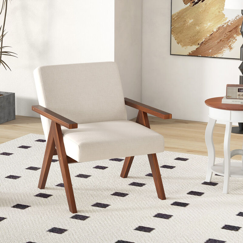 Modern Accent Chair Linen Fabric Armchair with Solid Acacia Wood Frame