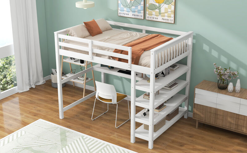 Full Size Loft Bed With Storage Shelves And Under-Bed Desk