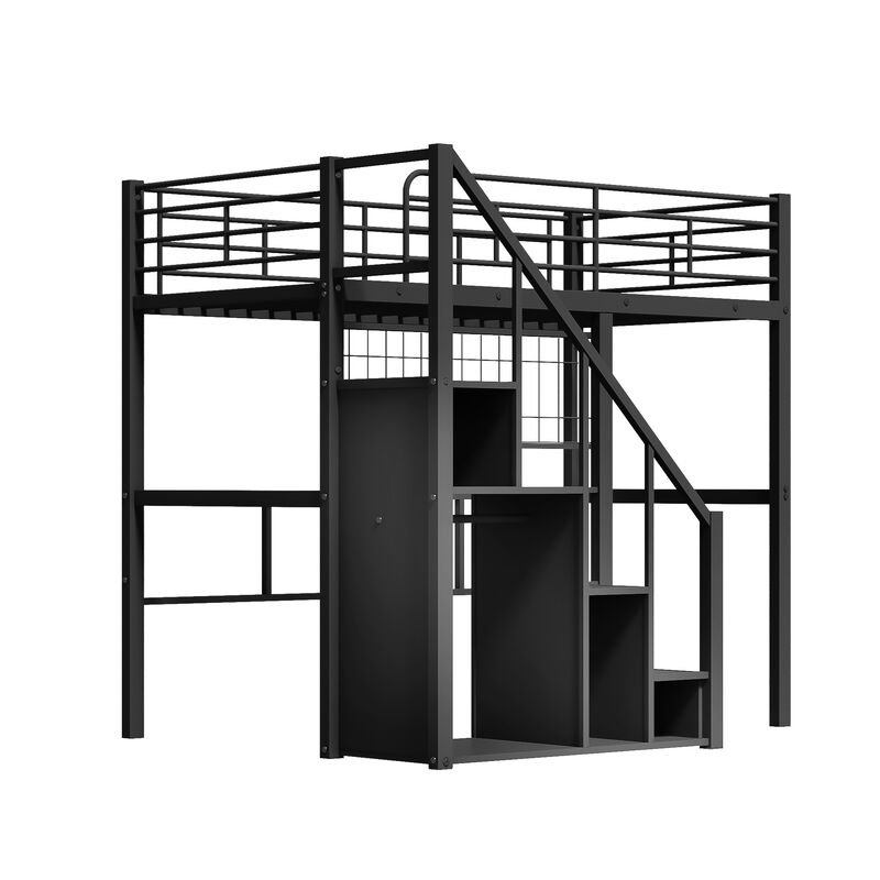 Merax Metal Loft Bed with Storage Staircase and Small Wardrobe