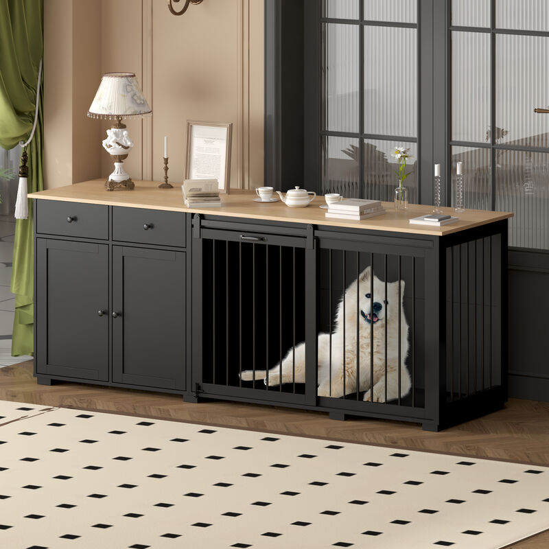 Large Dog House Furniture Dog Crate Storage Cabinet, Dog Cage with 2-Drawers and Sliding Door for Large Dogs, Black