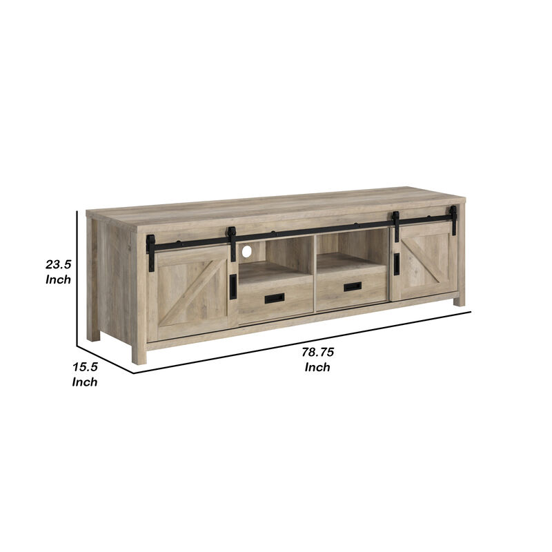 Sem 79 Inch TV Media Entertainment Console, Sliding Doors, 2 Drawers, Brown-Benzara