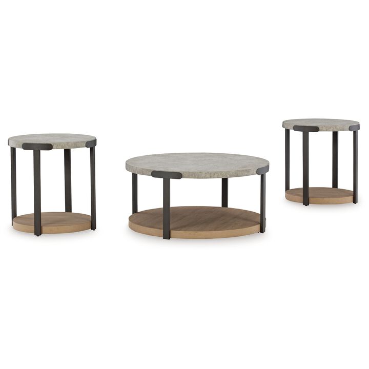 Hein 3pc Coffee n End Table Set, Gray Round Top w Shelf and Wheels - Benzara