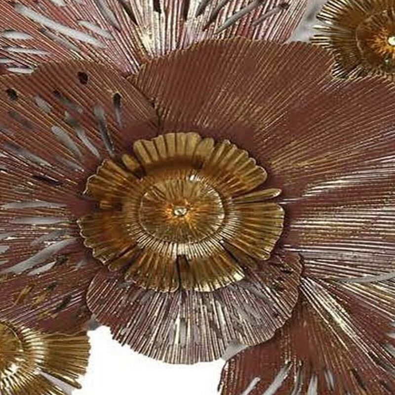 45 Inch Hanging Wall Art Decor, 3D Multiple Flowers, Metal, Brown, Gold - Benzara