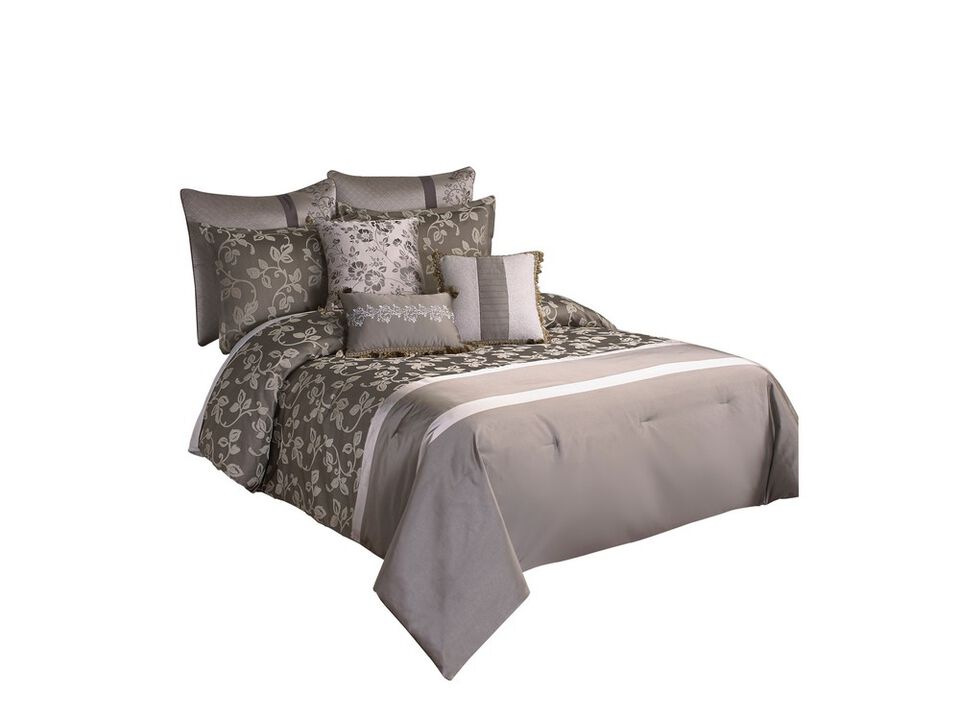 10 Piece King Polyester Comforter Set with Leaf Print, Platinum Gray - Benzara