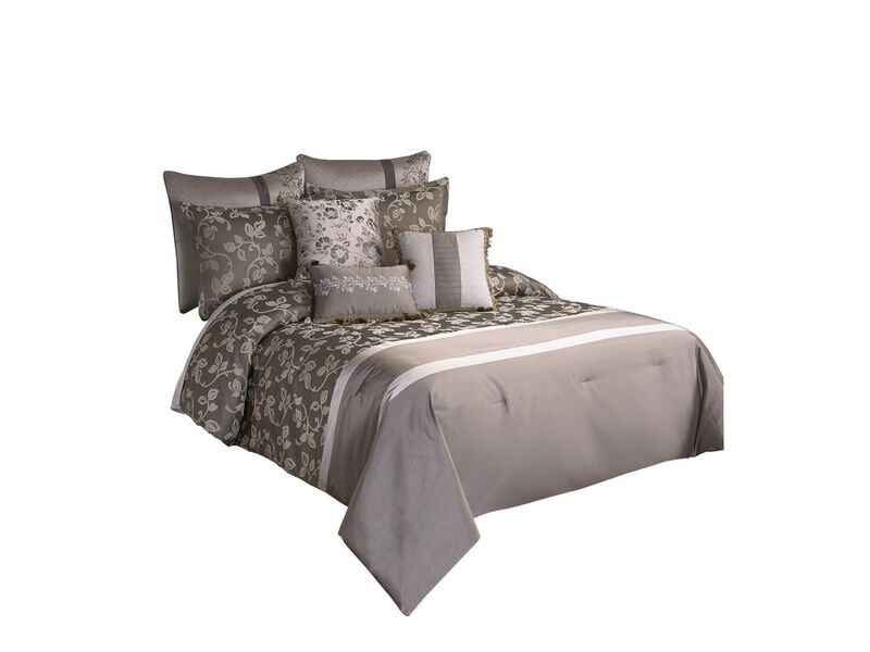 10 Piece King Polyester Comforter Set with Leaf Print, Platinum Gray - Benzara