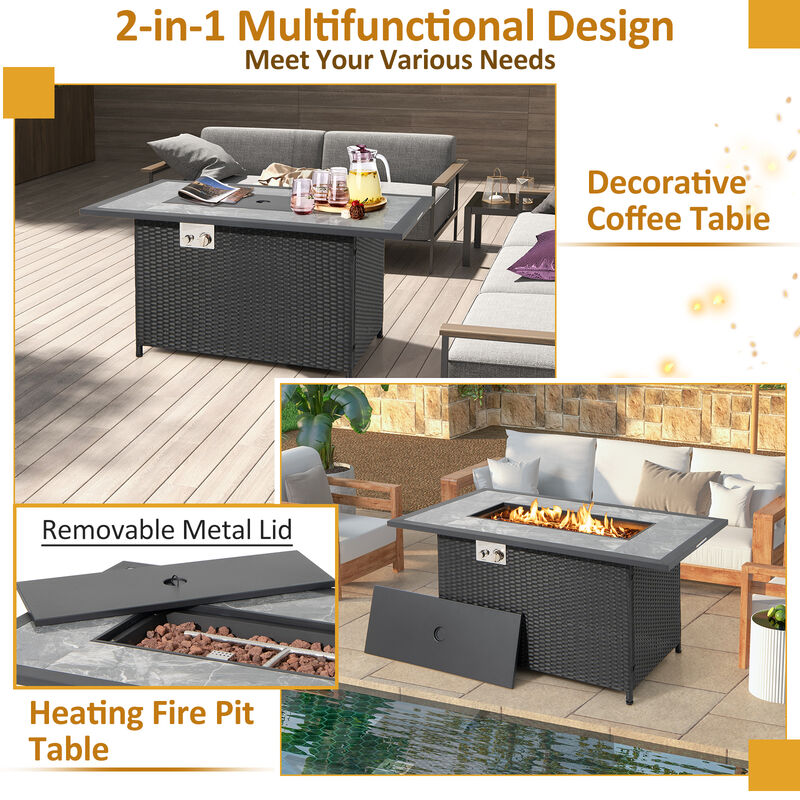 52 Inch Rattan Wicker Propane Fire Pit Table with Rain Cover and Lava Rock-Black