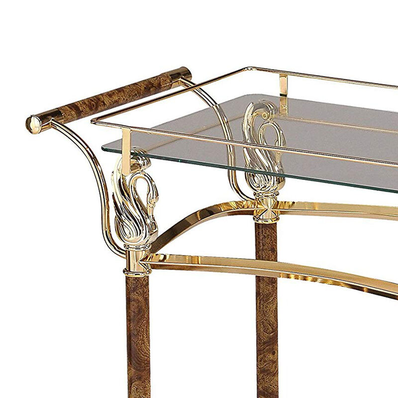 Alluring Serving Cart, Golden Plated & Clear Glass-Benzara