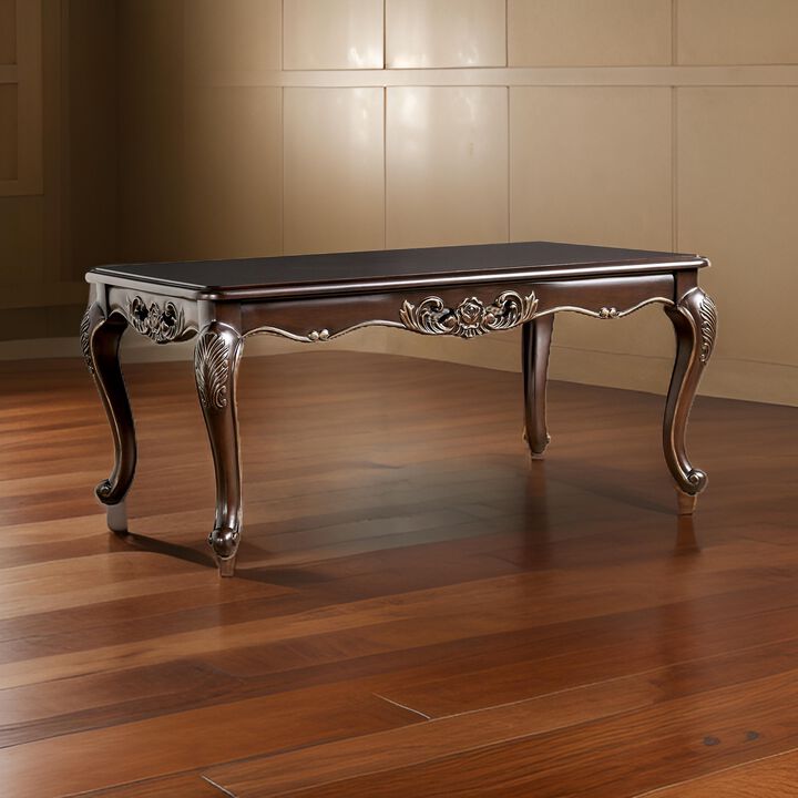 Halie Coffee Table, 48 Inch, Classic Cabriole Legs, Dark Brown Solid Wood