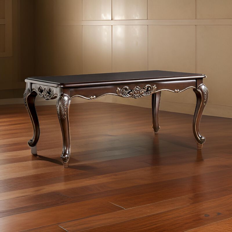 Halie Coffee Table, 48 Inch, Classic Cabriole Legs, Dark Brown Solid Wood