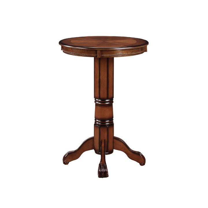 Ava 42 Inch Wood Pub Bar Table, Sunburst Design, Carved Pedestal, Brown-Benzara