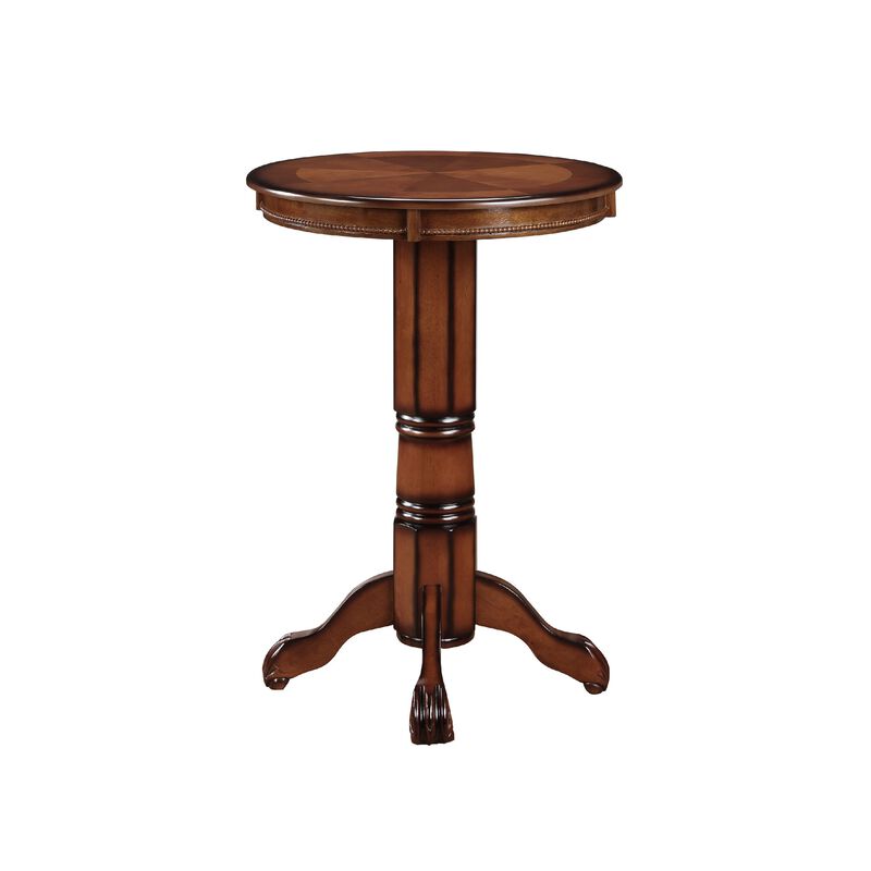 Ava 42 Inch Wood Pub Bar Table, Sunburst Design, Carved Pedestal, Brown-Benzara