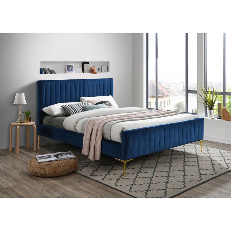 Omax Decor Julia Wood and Fabric Upholstered Queen Platform Bed in Blue