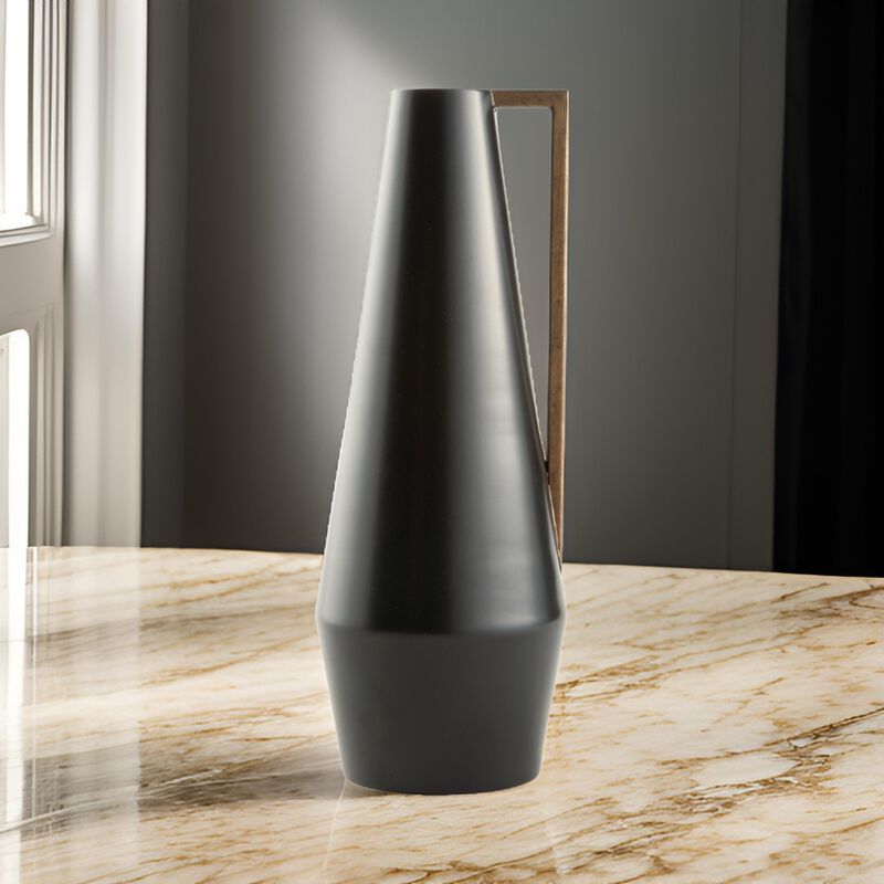 Ezra 20 Inch Decorative Flower Vase, Angular Gold Handle, Black Metal -