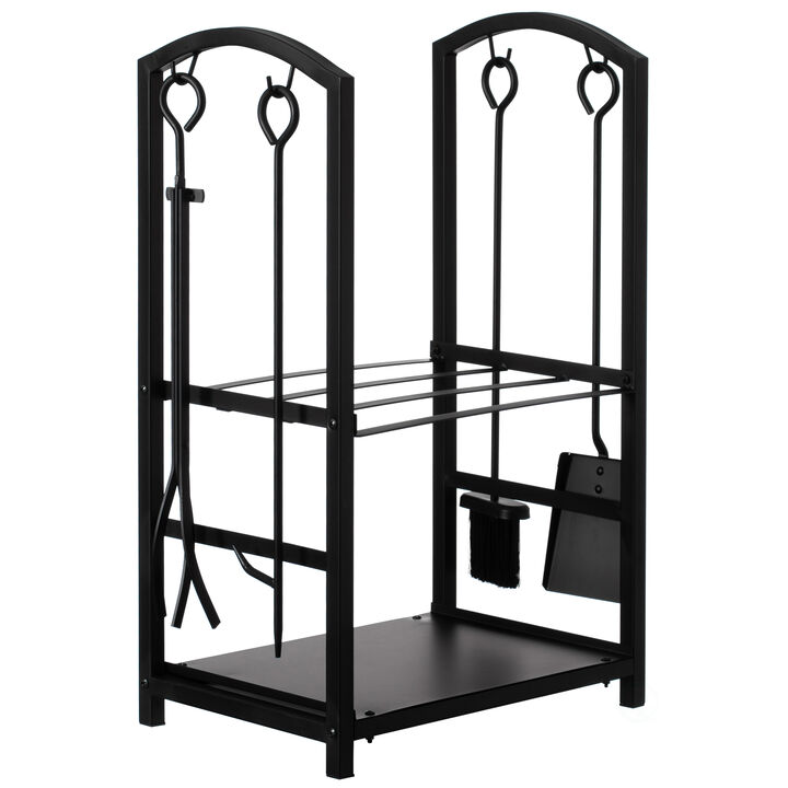 Indoor and Outdoor Patio Iron Firewood Log Cart with Fireplace Tool Rack, Black