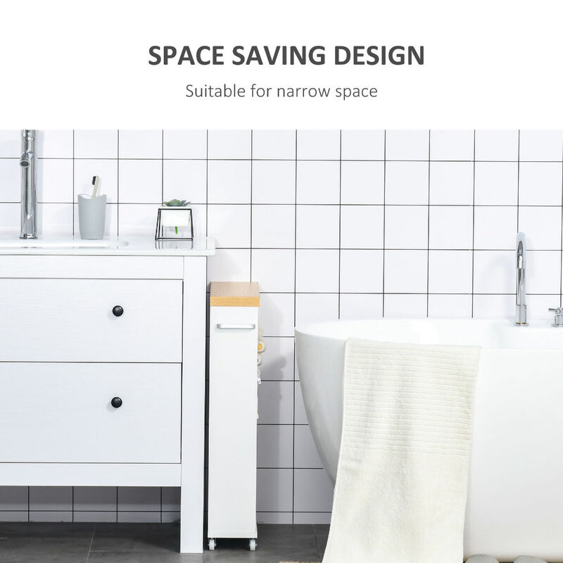 White Bathroom Helper: Slim Rolling Cabinet with Toilet Paper Holder