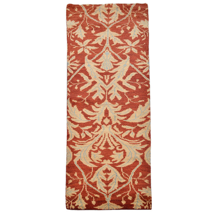 HAND KNOTTED WOOL Floral AREA RUGS  - 2'6''x10', Runner Shape, Red Gold Color, Floral Modern, Medium Pile Handmade Area Rugs for Living Room, Bed Room (N00925)