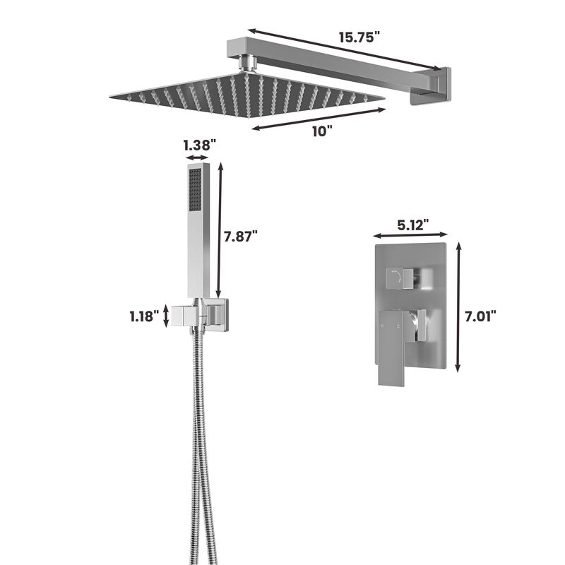 Mondawe 10-in Built-In Shower Faucet System with 2-way Diverter， Square Bathroom Shower Combo Set (Pressure-balanced Valve Included)
